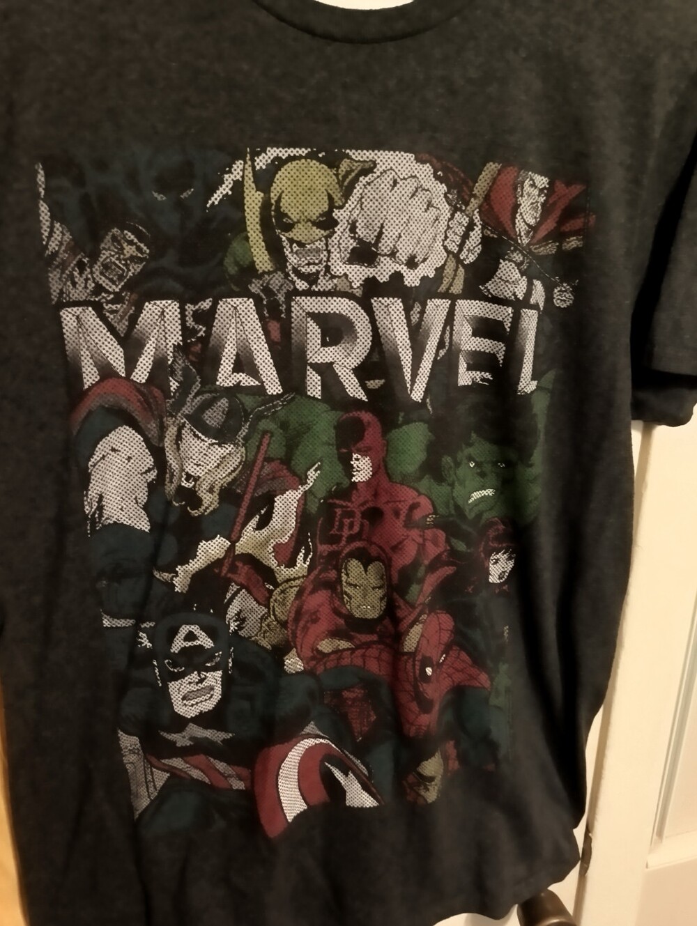 Marvel Black Tee with Red, Green, White and Blue Superhero Collage